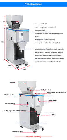ZONEPACK ZS-1000P Машина для стеллажей для пищевых продуктов Машина для взвешивания гранулированных порошковых материалов 10-999 г для наполнителя кофейных зерен 