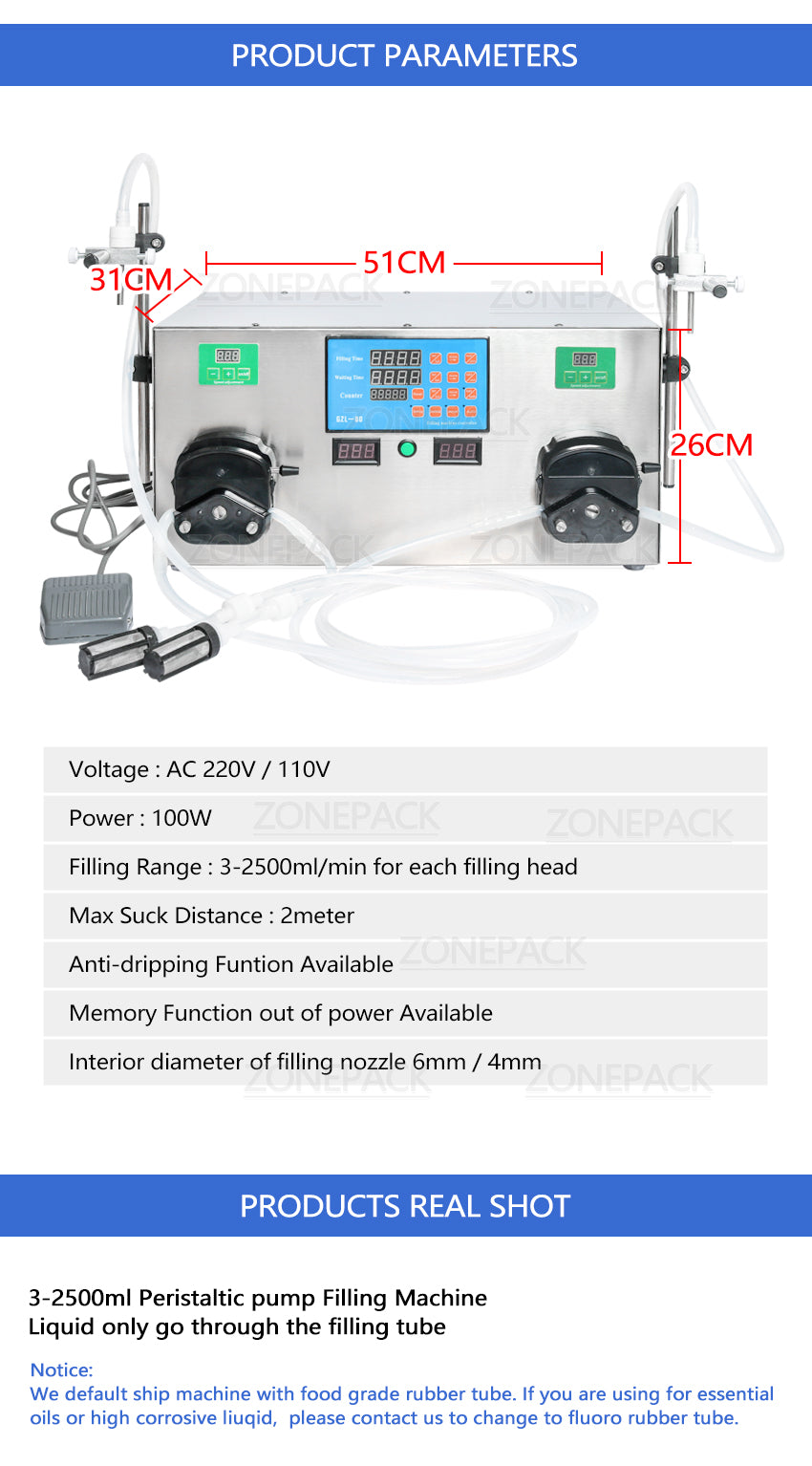 ZONEPACK 2 Heads Perfume Water Juice Essential Oil Electric Digital Control Peristaltic Pump Liquid Filling Machine 3-2500ml