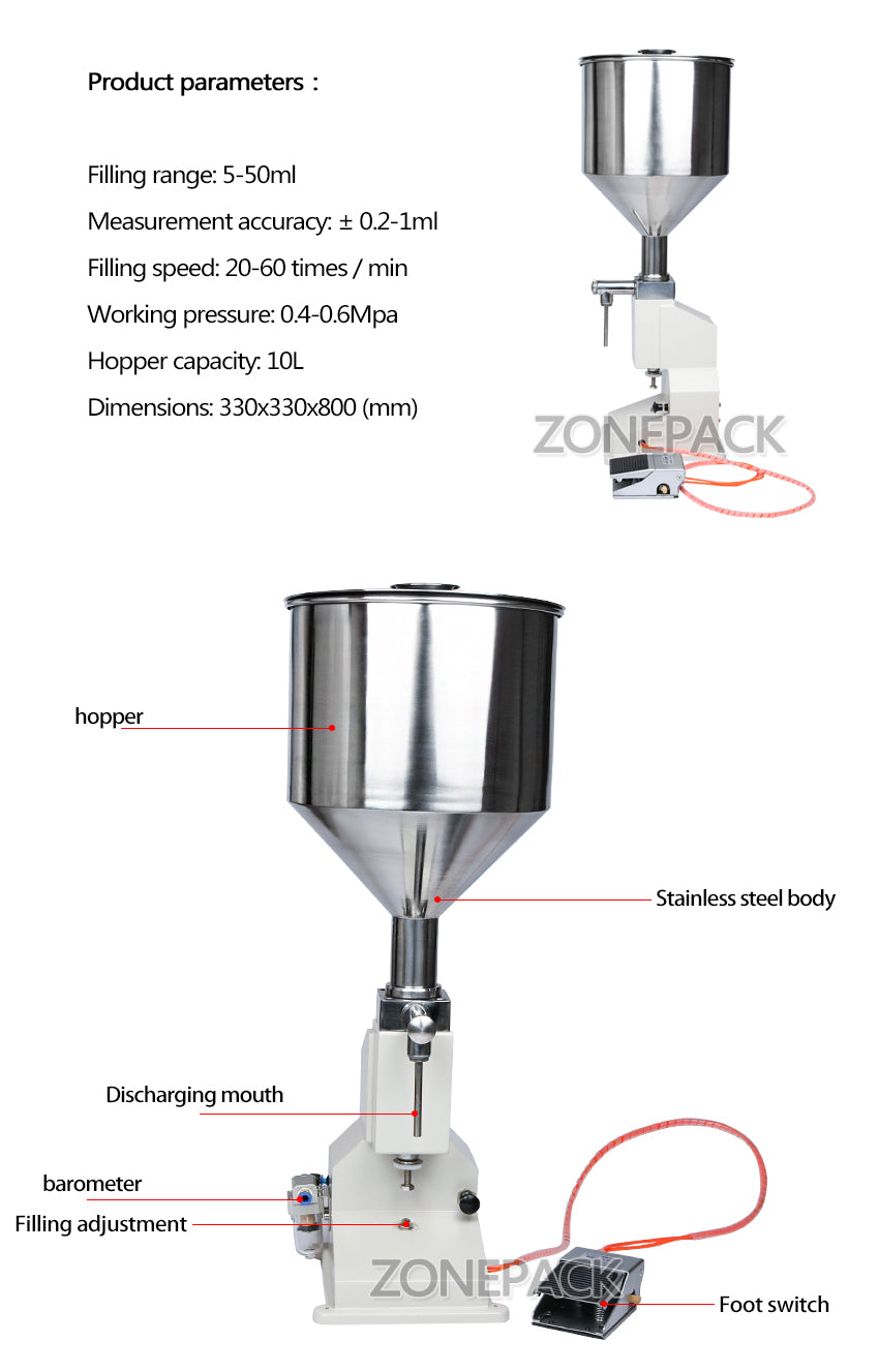 ZONEPACK Pneumatic A02 NEW Ручная разливочная машина (5 ~ 50 мл) для машины для розлива крема, шампуня, косметической жидкости 