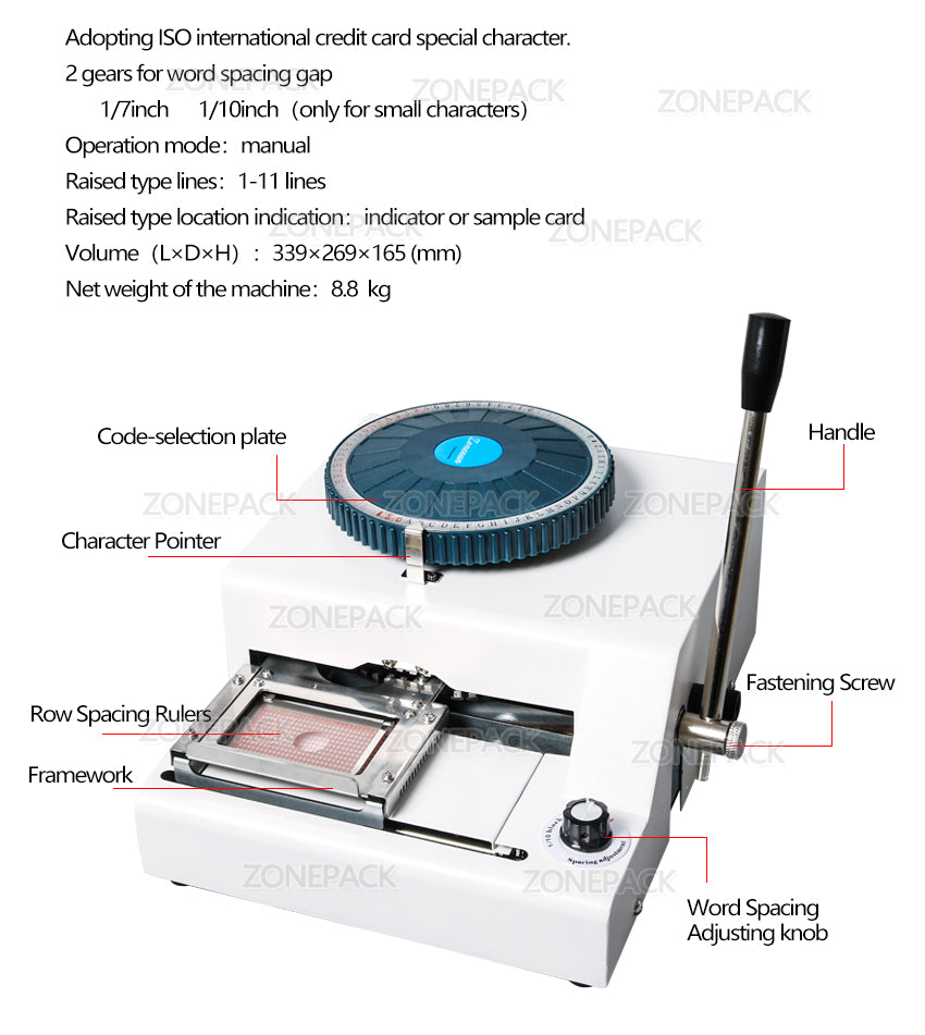 ZONESUN DIY 72 Letter Press Character PVC Card Embosser Stamping Machine