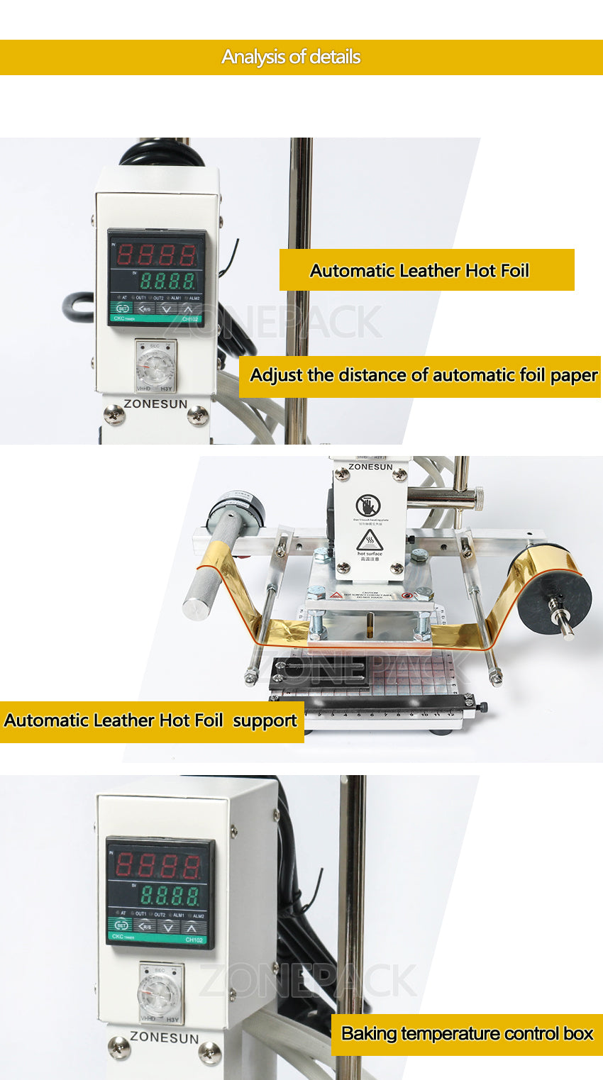 ZONEPACK Digital Automatic Leather Hot Foil Stamping Machine Manual Embossing Tool 300W Creasing Wood Paper PVC Card Printer DIY
