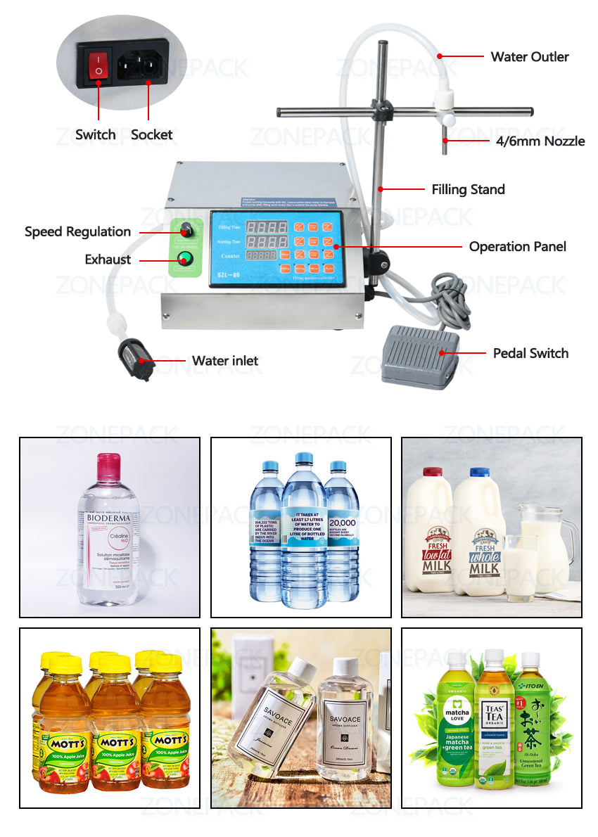 ZONEPACK Gear Pump Bottle Water Filler Semi-automatic Liquid Vial Desk-top Filling Machine for Juice Beverage Drink Oil Perfume