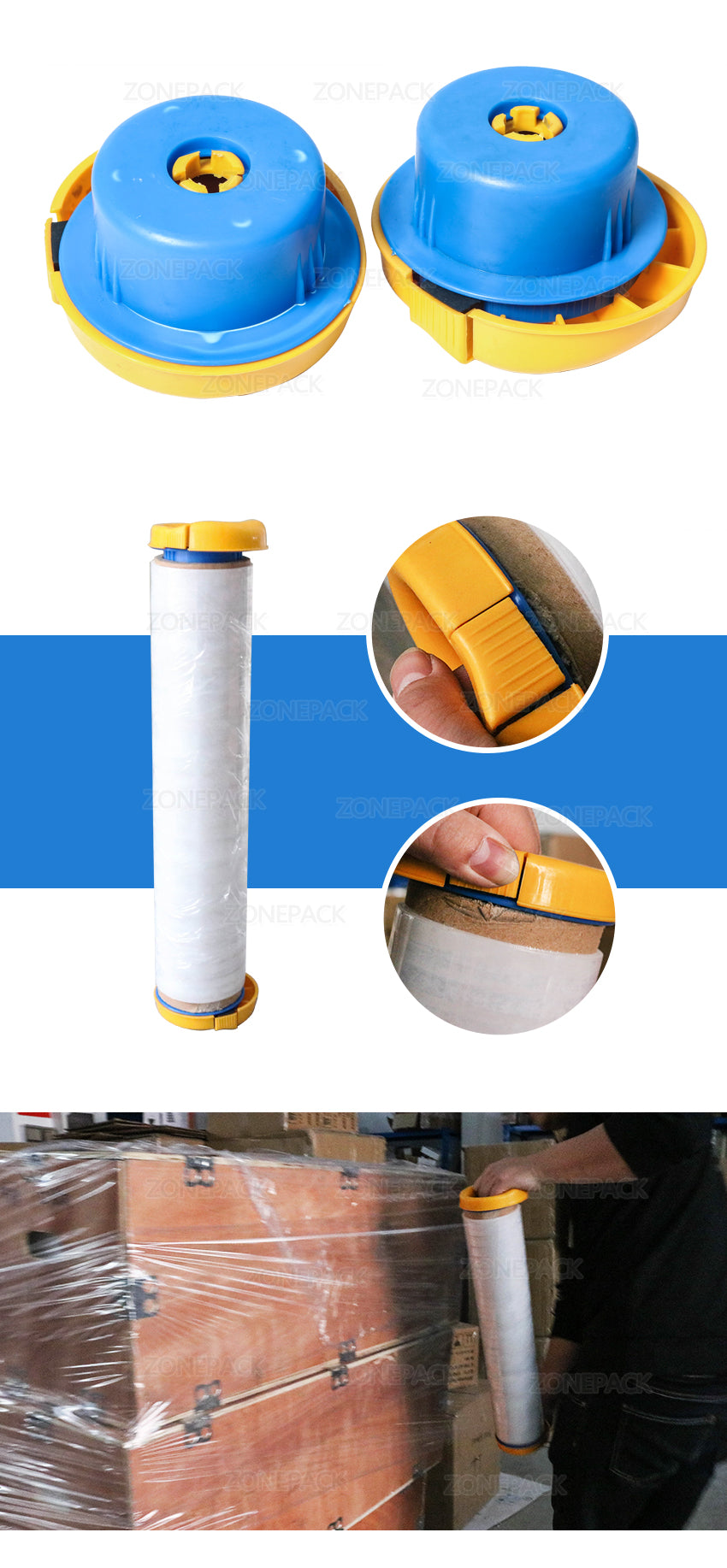 ZONEPACK Small Hand Stretch PVC Cling Film Wrap Dispenser With Brake Function Food Wrap Pallet Film Tool For Factory Packing