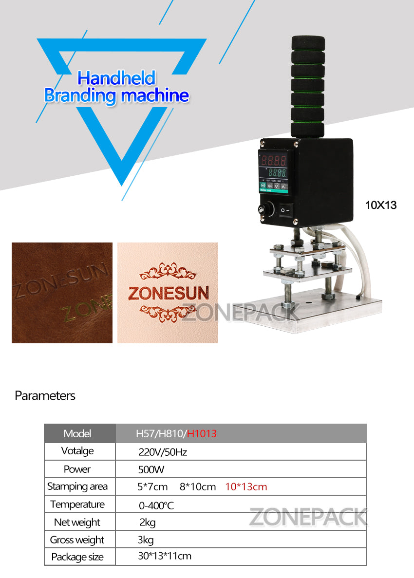 ZONEPACK 5x7cm 8x10cm 10x13cm Инструмент для горячего тиснения мощностью 500 Вт, ручное тиснение логотипа, утюг для клеймения книг из дерева и кожи