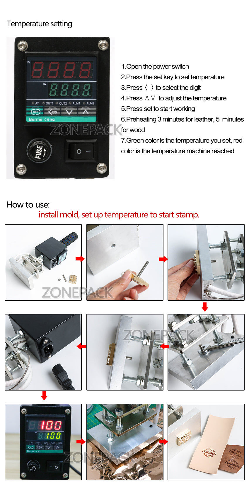 ZONEPACK 5x7cm 8x10cm 10x13cm 500W Hot Stamping Tool, Manual Logo Embosser, Wood Leather Book Branding Iron