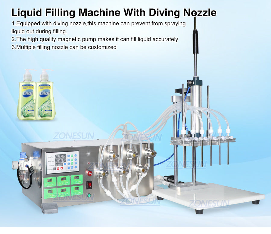 ZONEPACK ZS-MP5500D Semi-Automatic Water Filling Machine 6 Nozzles Essential Oil Perfume Cosmetic Liquid Magnetic Pump Filler