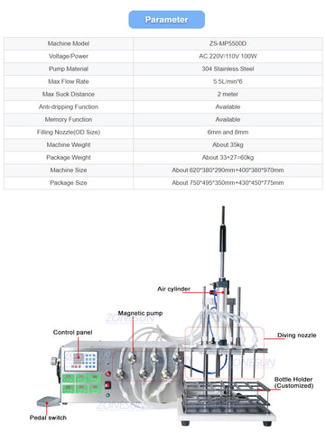 ZONEPACK ZS-MP5500D Semi-Automatic Water Filling Machine 6 Nozzles Essential Oil Perfume Cosmetic Liquid Magnetic Pump Filler