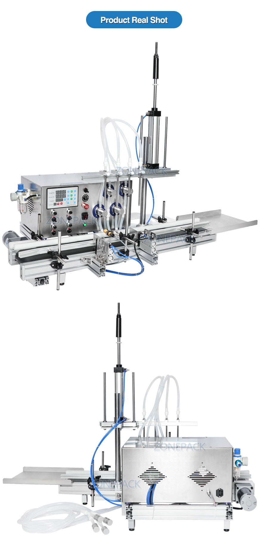 ZONESUN ZS-DTMP4D 4 Nozzles Magnetic Pump Automatic Desktop Liquid Water Filler with Conveyor Alcohol Ethanol Perfume Filling Machine