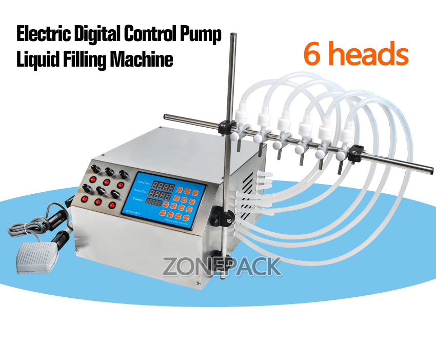 ZONEPACK Electric Digital Control Pump Liquid Filling Machine 3-4000ml for Liquid Perfume Water Juice Essential Oil with 6 Heads