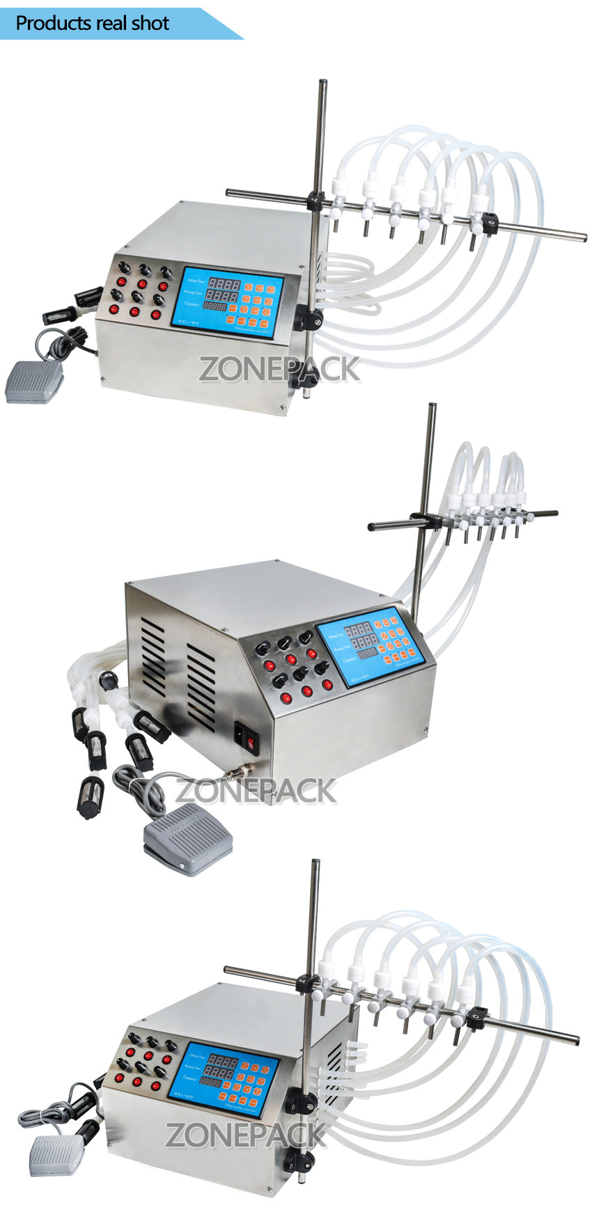 ZONEPACK Electric Digital Control Pump Liquid Filling Machine 3-4000ml for Liquid Perfume Water Juice Essential Oil with 6 Heads