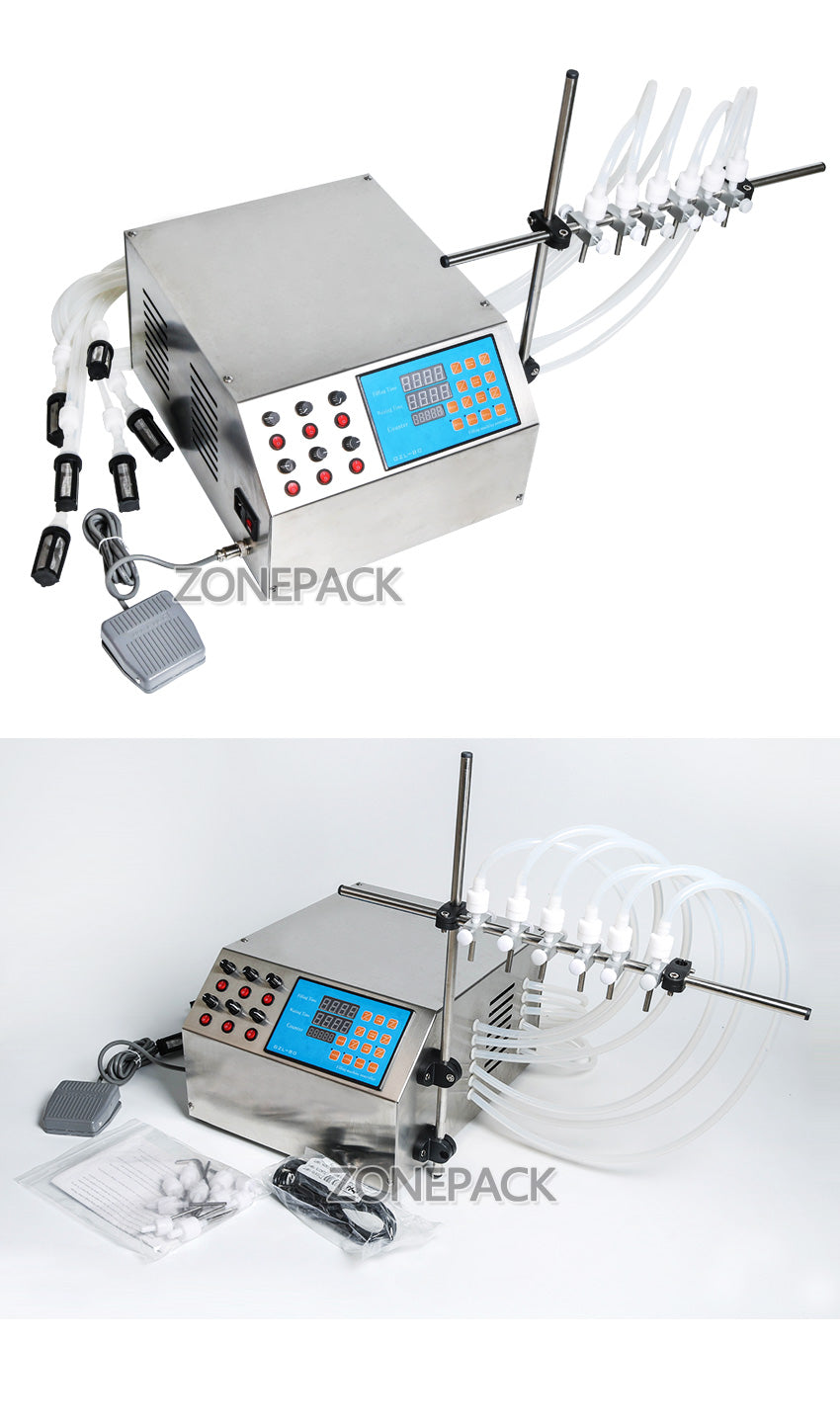 ZONEPACK Electric Digital Control Pump Liquid Filling Machine 3-4000ml for Liquid Perfume Water Juice Essential Oil with 6 Heads