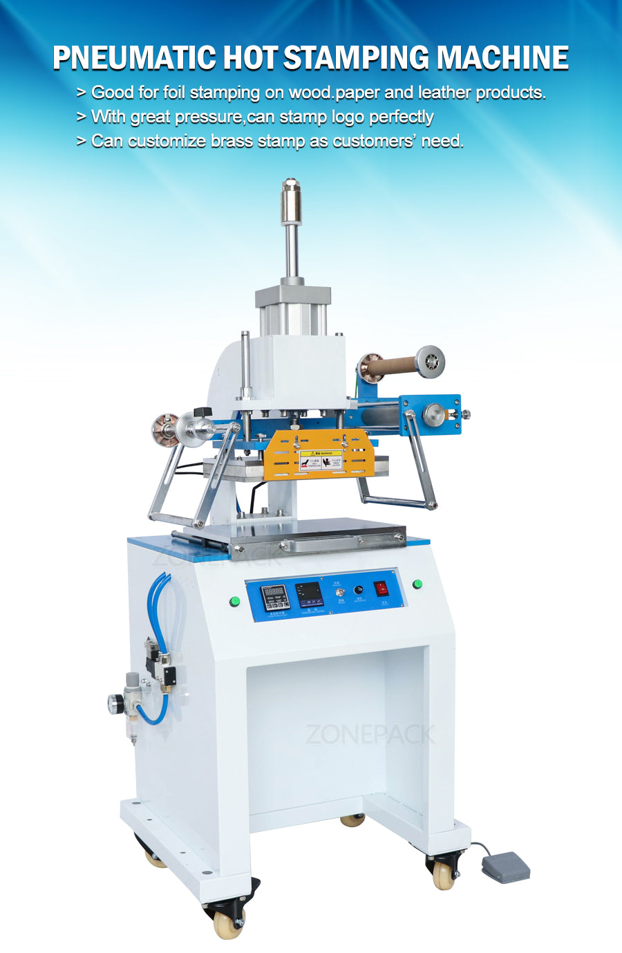 ZONEPACK ZY-819D Pneumatic Stamping Machine Leather Logo Creasing Machine Pressure Words Machine Logo Stampler Name Card Stamping