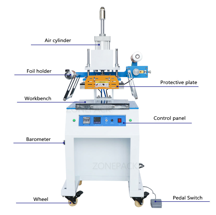 ZONEPACK ZY-819D Pneumatic Stamping Machine Leather Logo Creasing Machine Pressure Words Machine Logo Stampler Name Card Stamping