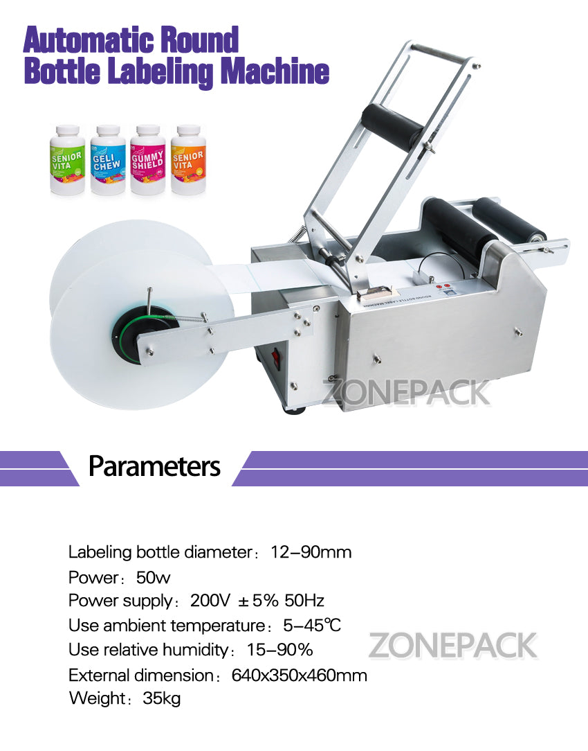 ZONEPACK Semi-automatic Round Bottle Labeling Machine Labeler LT-50,Medicine Bottle Labeling Machine