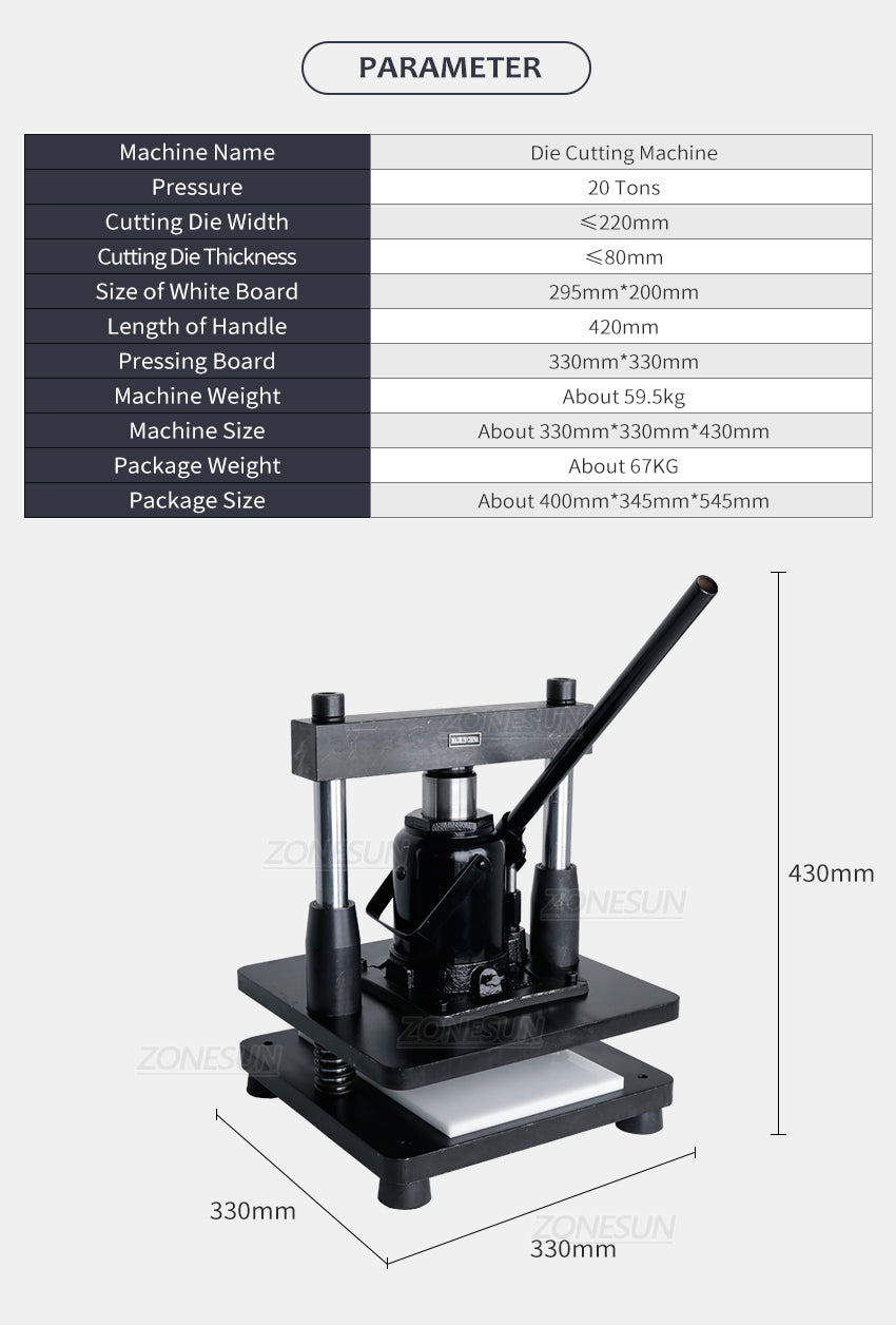 ZONESUN 20Tons Hydraulic Die Cutting Machine 330x220mm