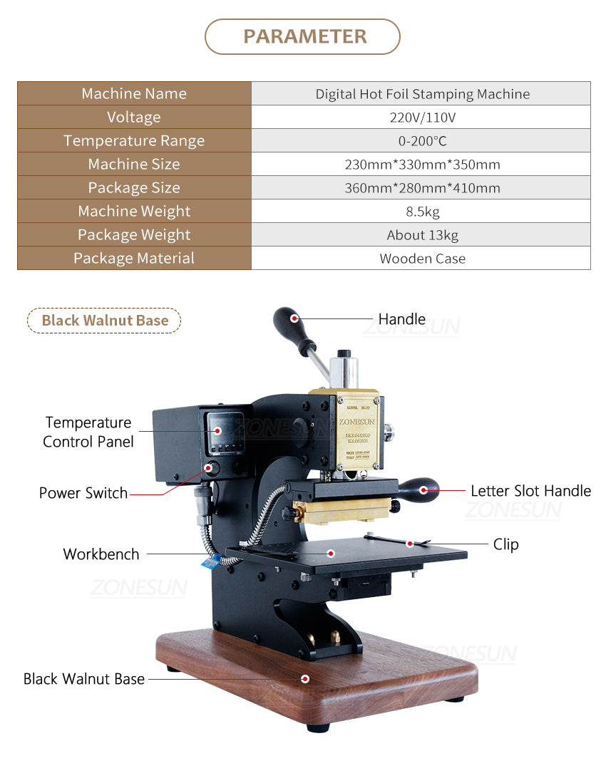 ZONEPACK Press Trainer Hot Foil Stamping Machine for Leather Wood Paper Branding Custom Logo Leather Marking Embossing Tools