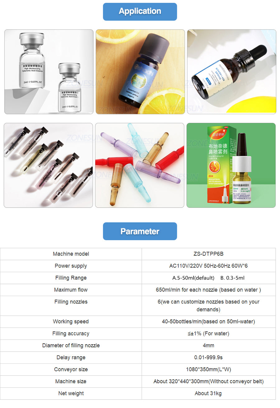 ZONESUN 6 Head Vaccine Ampoule Vial Bottle Peristaltic Pump Filling Machine With Conveyor Belt