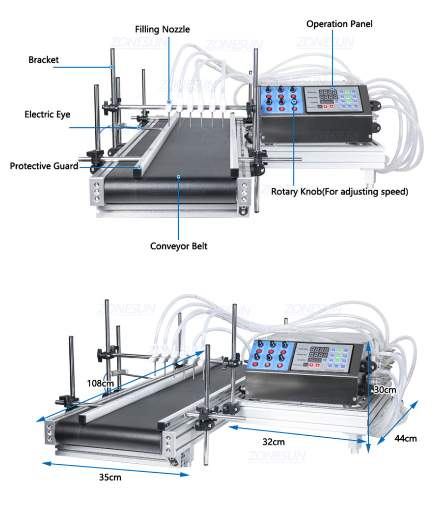 ZONESUN 6 Head Vaccine Ampoule Vial Bottle Peristaltic Pump Filling Machine With Conveyor Belt