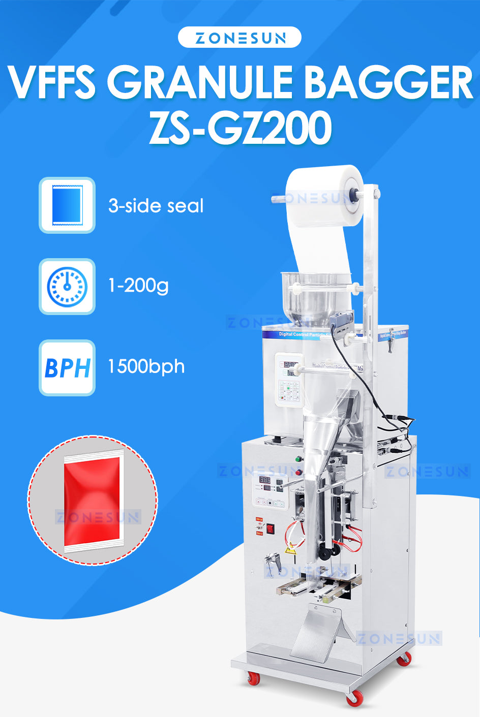 ZONESUN ZS-GZ200 Automatic Grain Filling and Sealing Machine 3 Side Seal with Printer