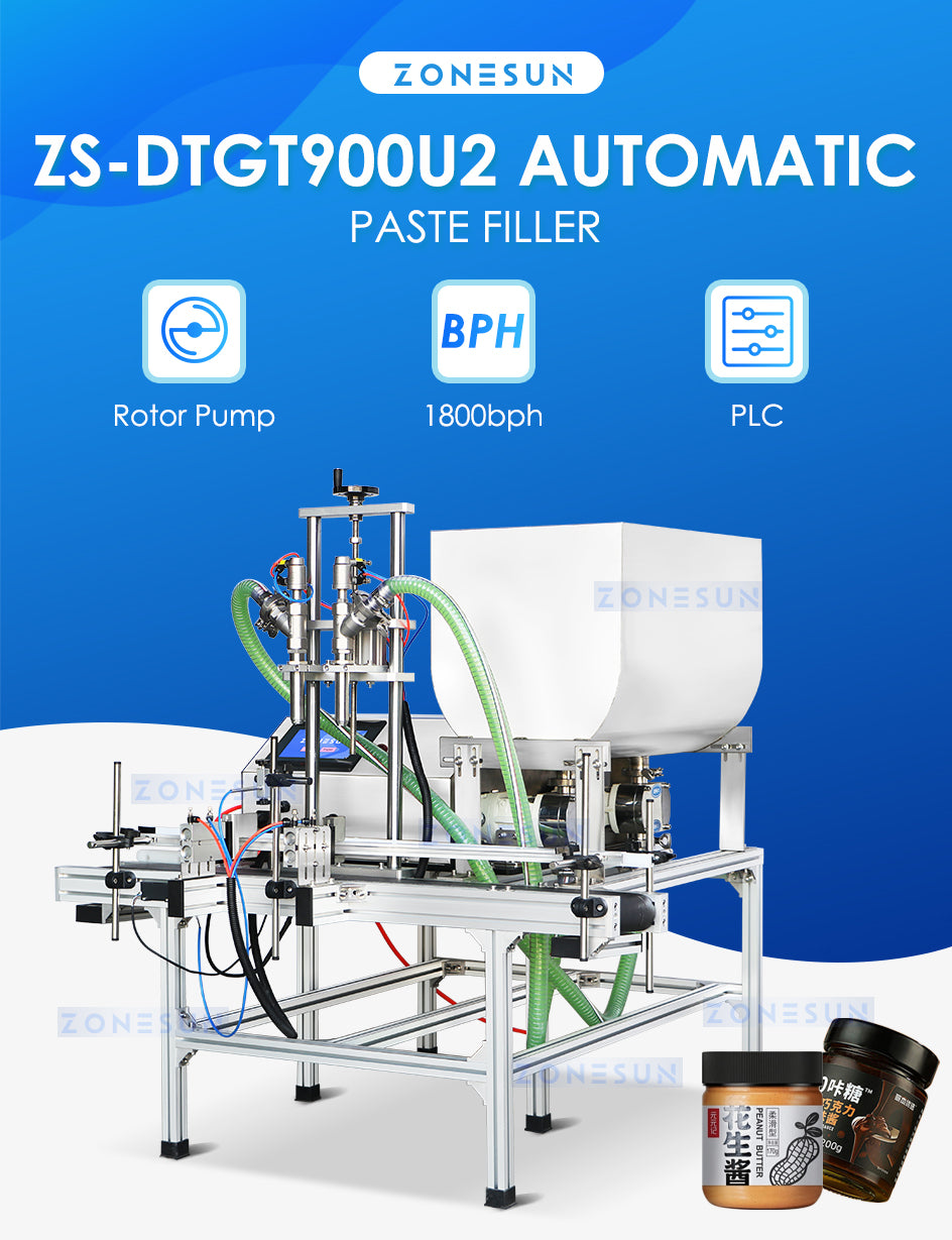 ZONESUN Automatic Rotor Pump Paste Peanut Butter Filling Machine with 80L Hopper ZS-DTGT900U2