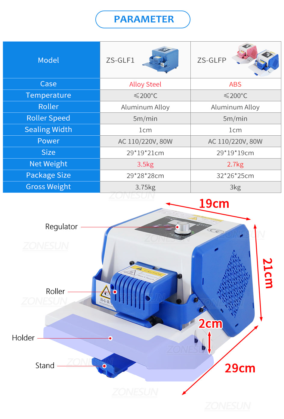 ZONESUN ZS-GLF1P Mini Aluminum Foil Composite Plastic Film PE Bag Sealer Roller Sealing Machine