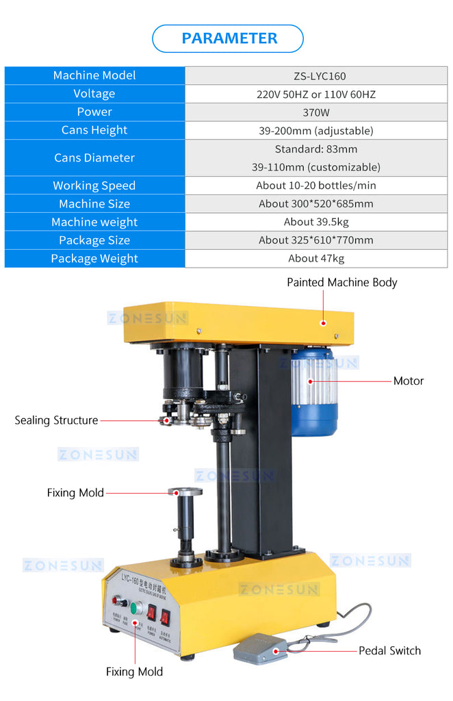 ZONESUN 39-150mm Canned Plastic Seamer Tinplate Ring-pull Can Sealing Machine ZS-LYC160