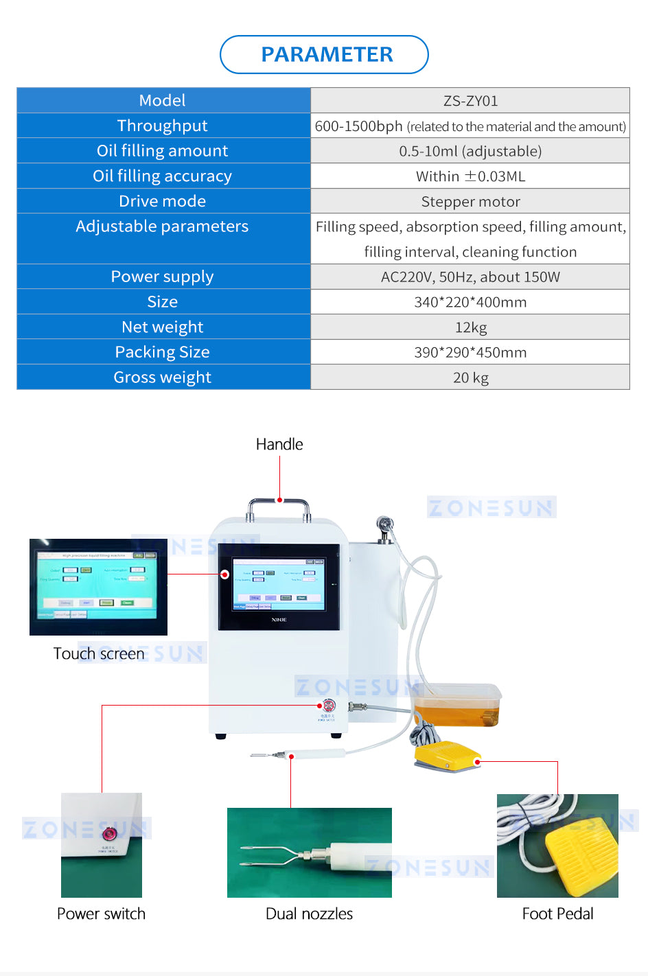 ZONESUN Handheld Cartridge Filler Oil Filling Machine Small Bottle Oil Filling Equipment ZS-ZY01