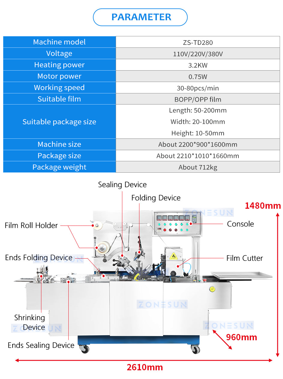 ZONESUN ZS-TD280 Automatic BOPP OPP Film Cellophane Wrapping Machine