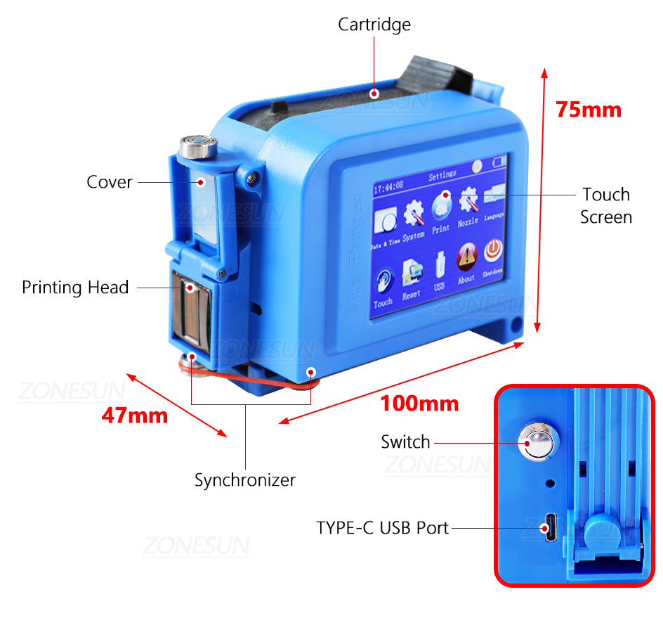 ZONESUN Handheld Inkjet Printer Portable Date Coding Machine ZS-DC1