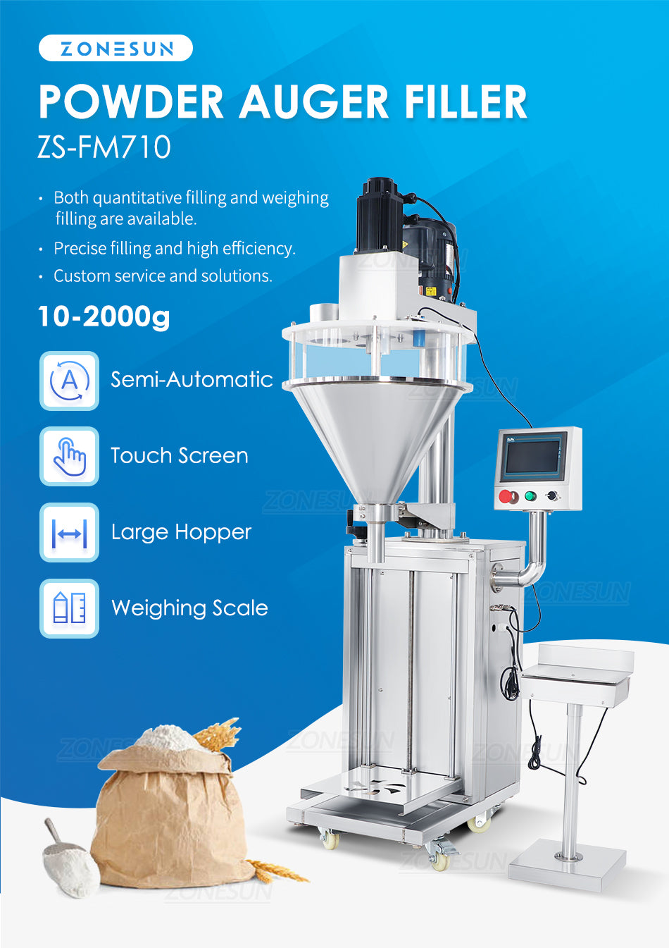 ZONESUN Powder Auger Filling Machine Semi Auto 1-2000g Quantitative Weighing Scale Wheat Flour Spice Protein Bottle Jar ZS-FM710