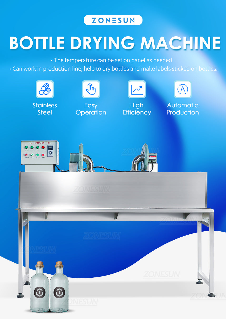 Сушильная машина ZONESUN для сушки стеклянных бутылок, сушилка для упаковки, ленточный конвейер, производственная линия высокотемпературной сушки ZS-HG6000