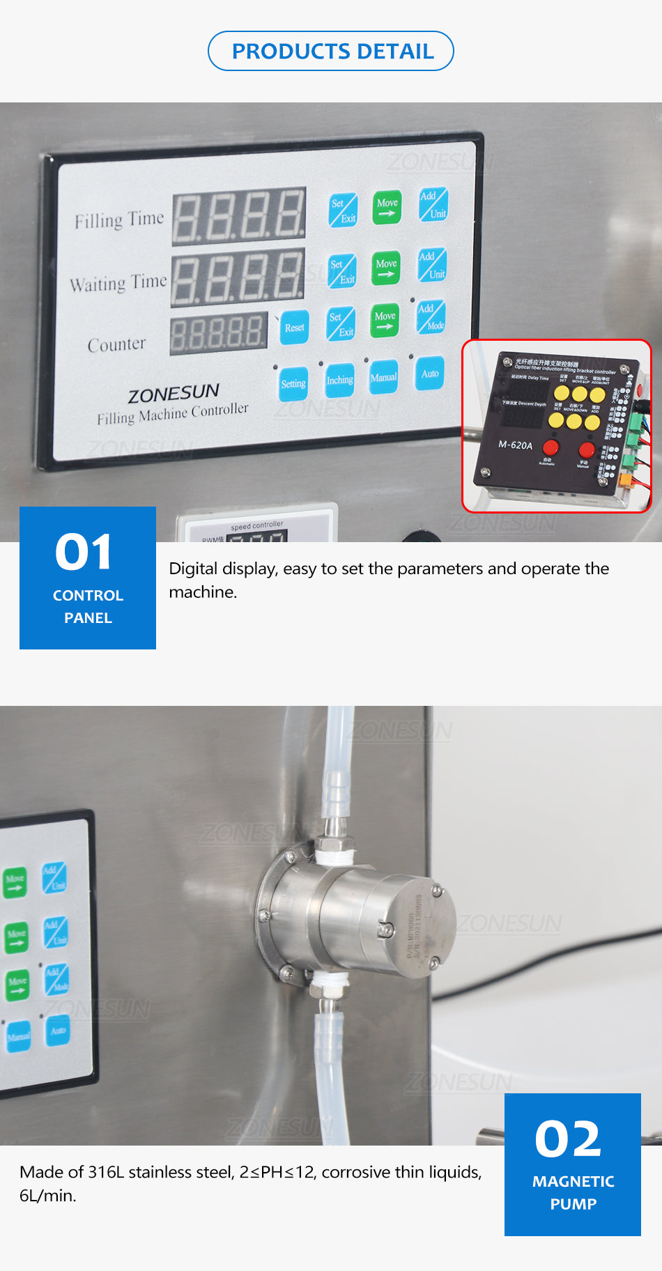 ZONESUN Liquid Filling Machine Small Machine Line 316 Magnetic Pump Water Juice Beverage Bottle Diving Nozzle ZS-DTMP1D