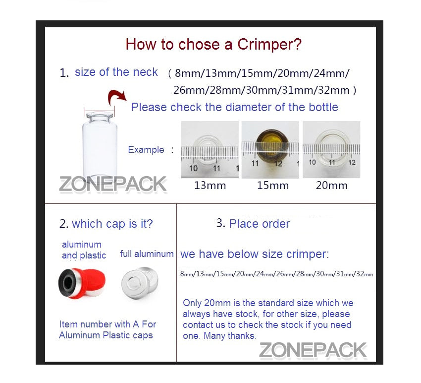 ZONEPACK Pharmaceutical Vial Crimper Medical Bottle Crimping Capper Glass Bottle Capping Tool