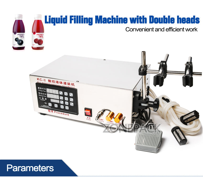 ZONEPACK 3.5L Water Liquid Filling Machine, Double Head, Microcomputer Automatic, With Medicine Chemical Self-priming Thermal Protection