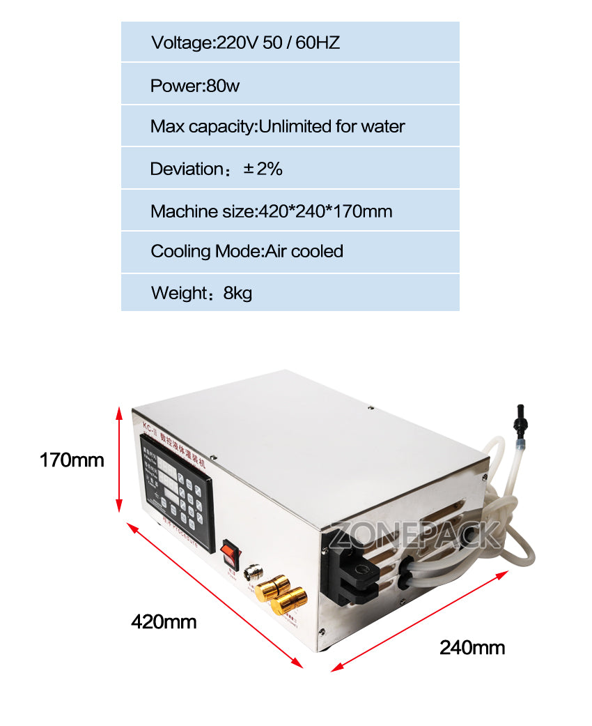 ZONEPACK 3.5L Water Liquid Filling Machine, Double Head, Microcomputer Automatic, With Medicine Chemical Self-priming Thermal Protection