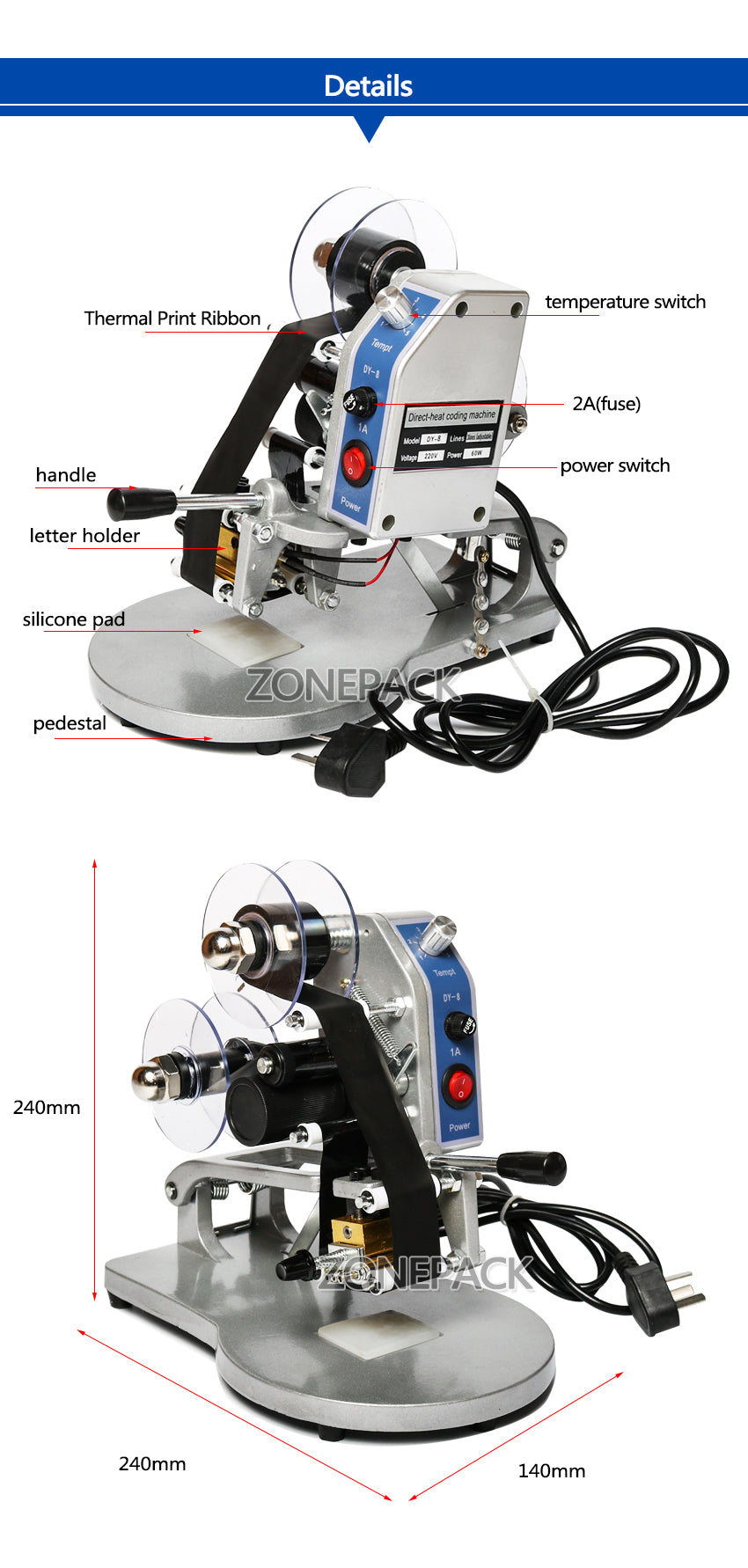 ZONESUN DY-8 Date Coding Printing Machine Hot Code Stamp Printer