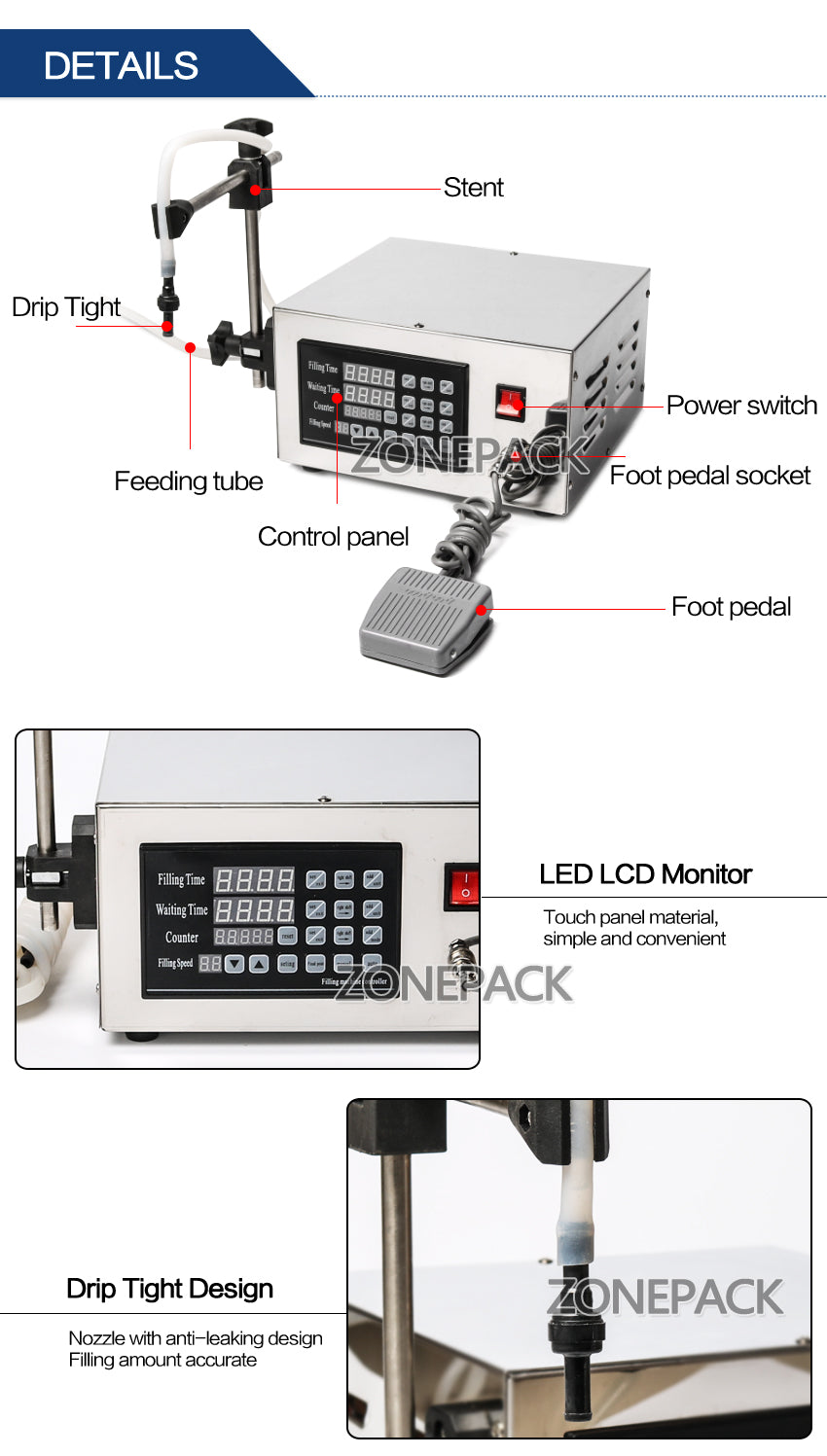 ZONEPACK Juice Water Milk Filling Machine Automatic Membrance Pump Liquid Filling Machine Filler Ck-280 For Oil