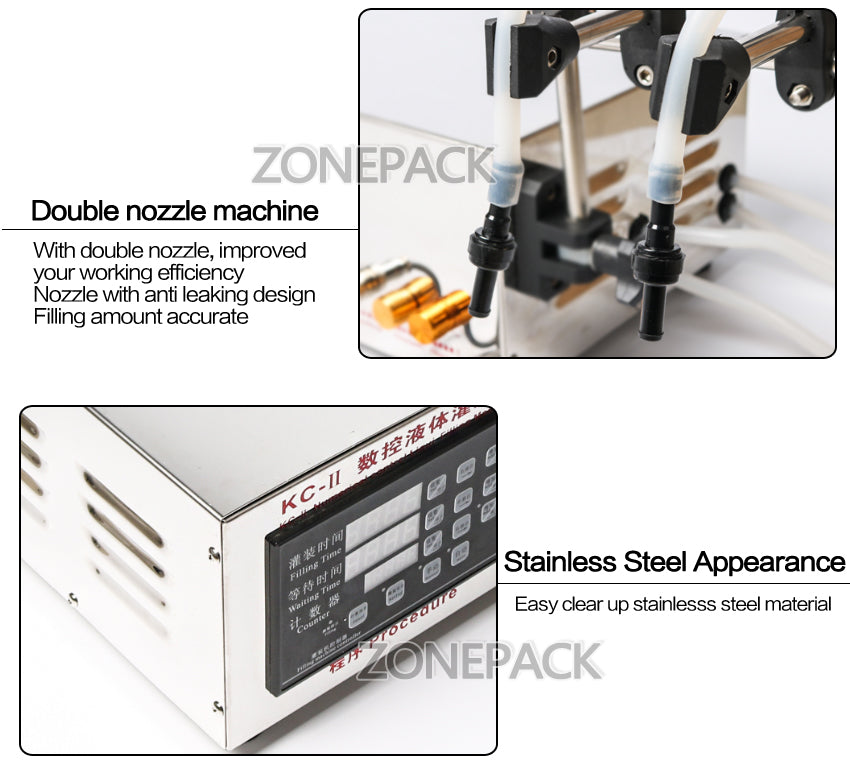 ZONEPACK 3.5L Water Liquid Filling Machine, Double Head, Microcomputer Automatic, With Medicine Chemical Self-priming Thermal Protection