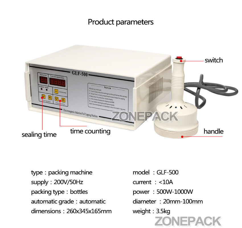 ZONESUN GLF-500 Portable and Continuous Induction Sealer Hand Held Sealing Machine 20-100mm