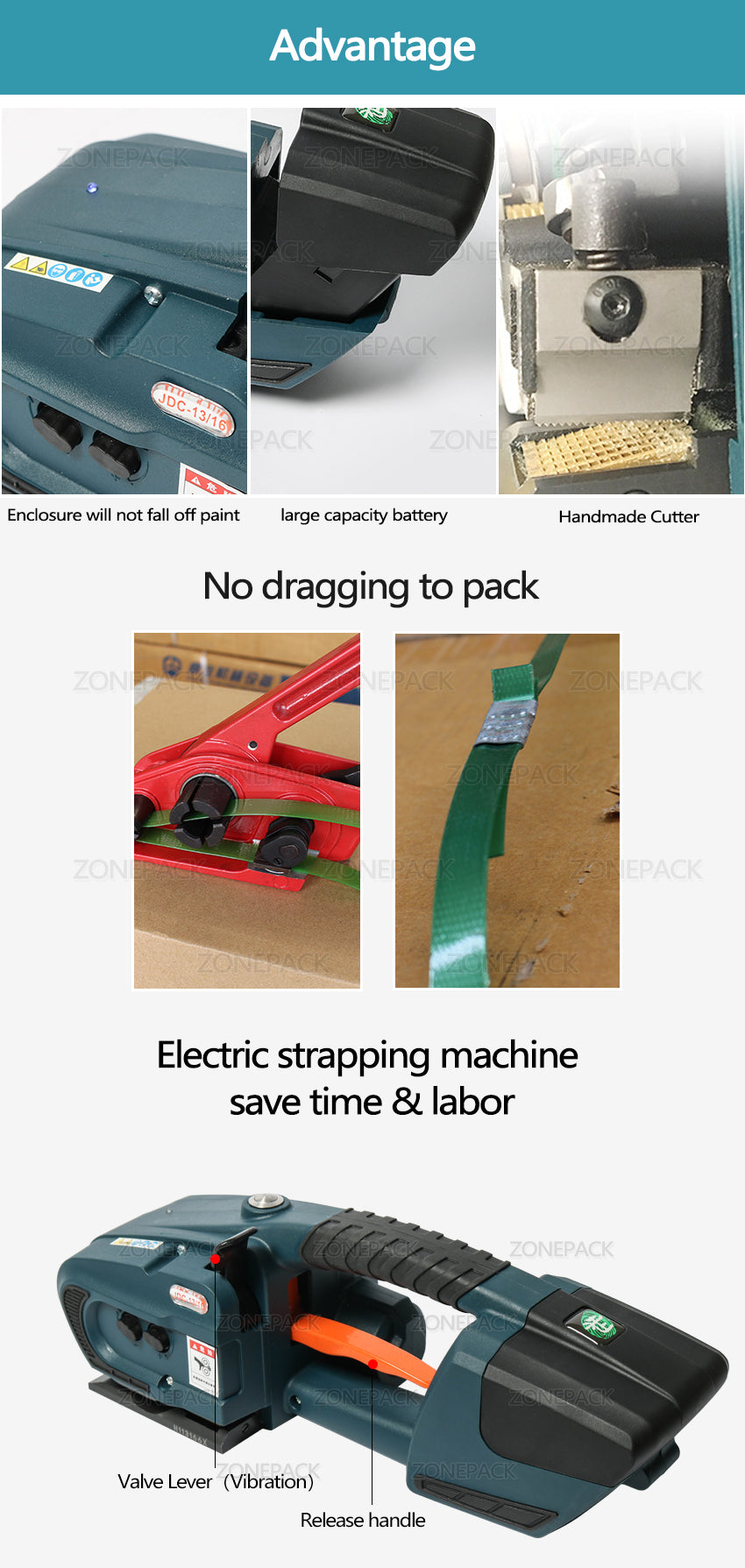 ZONESUN JDC 13mm-16mm PET PP Plastic Strapping Machine Tools with Two Battery Battery Powered