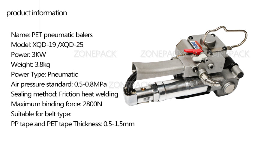 ZONESUN XQD-19 Пневматический обвязочный инструмент, ручная упаковочная машина, для ПП и ПЭТ портативная, обвязочная машина от 1/2 дюйма до 3/4 дюйма (13-19 мм)