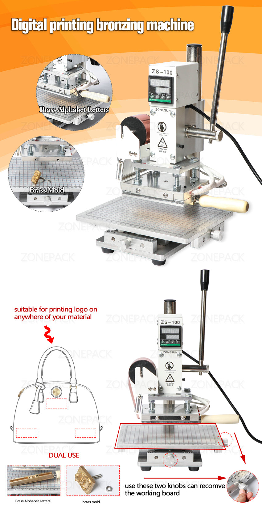 ZS-100C Digital Hot Foil Stamping Machine Leather Embossing Wood PVC Paper Custom Logo Stamp