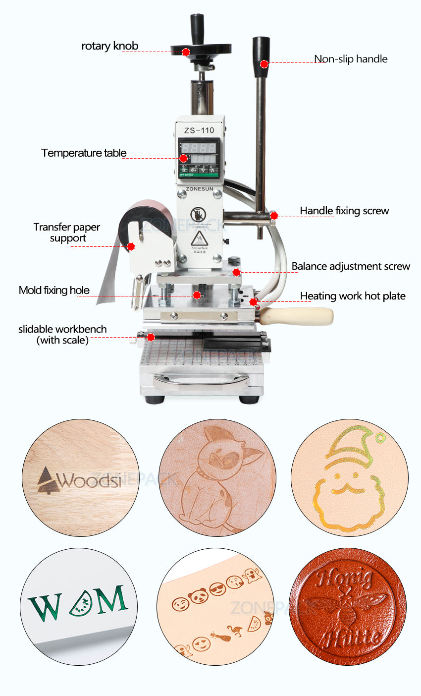 ZONESUN Upgrade Version Hot Foil Stamping Machine For Customs logo Slideable Workbench Leather Embossing Bronzing Tool for Wood PVC DIY Initial ZS-110