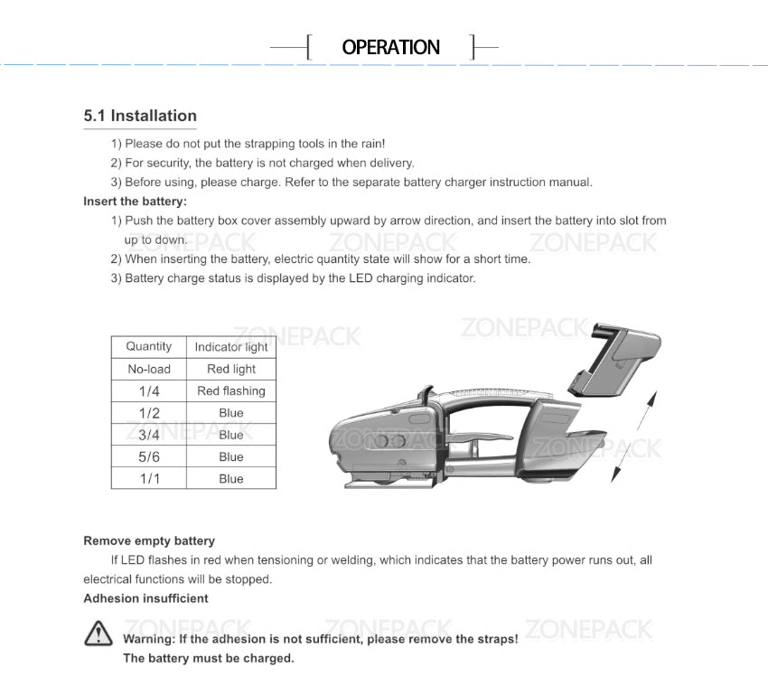 ZONEPACK Battery Powered Plastic Strapping Tool for PET and PP Electric Plastic Strapping machine PET baler Strapping width 0.5" - 0.6"