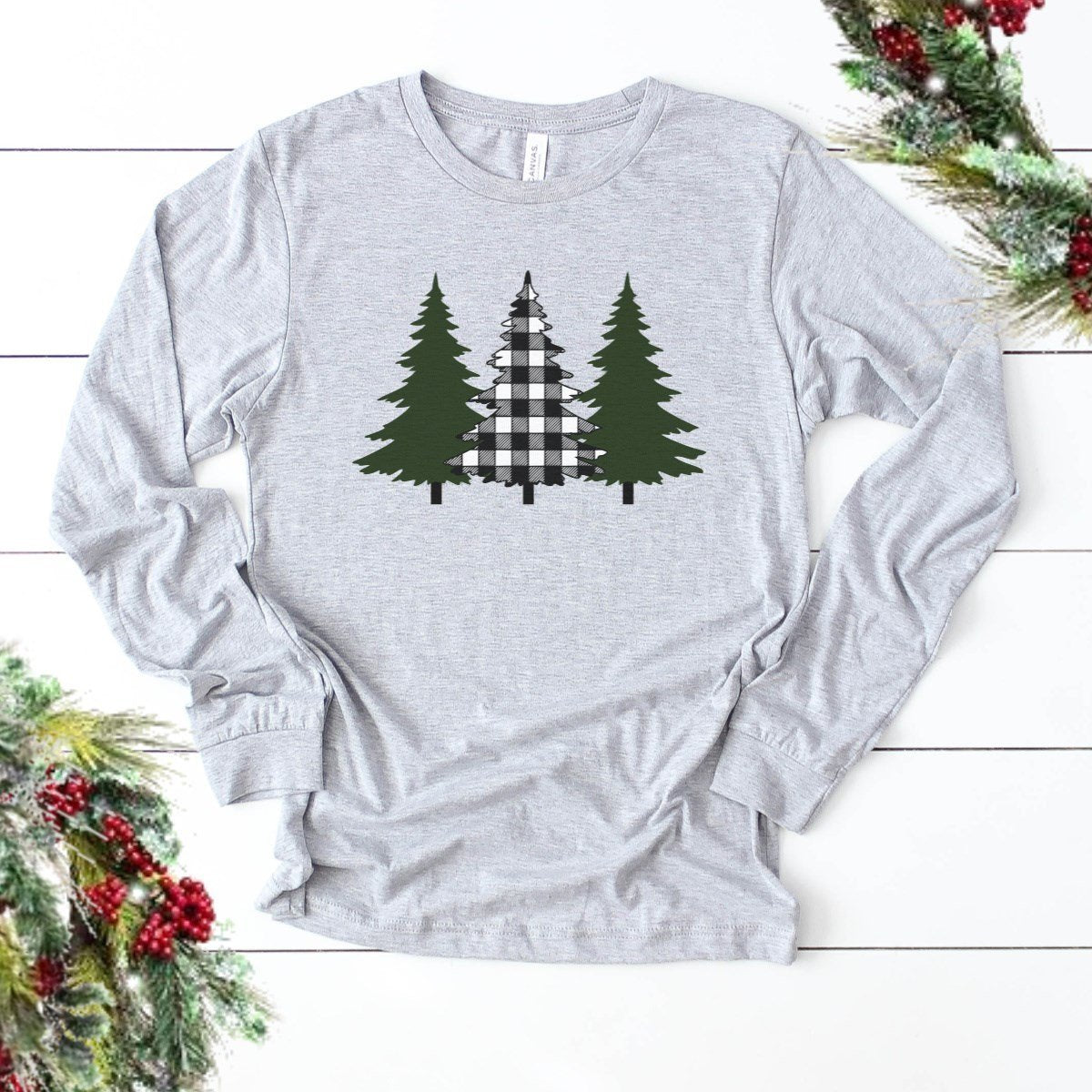 Green & Plaid Christmas Trees-Long Sleeve-Plus Sizes