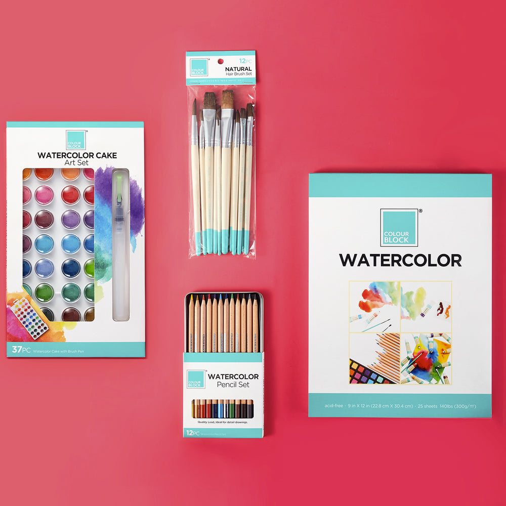 Colour Block Watercolor Pencil Travel Art Set I 34pc Professional Drawing Kit, 50sheets Drawing Pad, Paint Brushes I Vibrant Pigments for Coloring, Bl