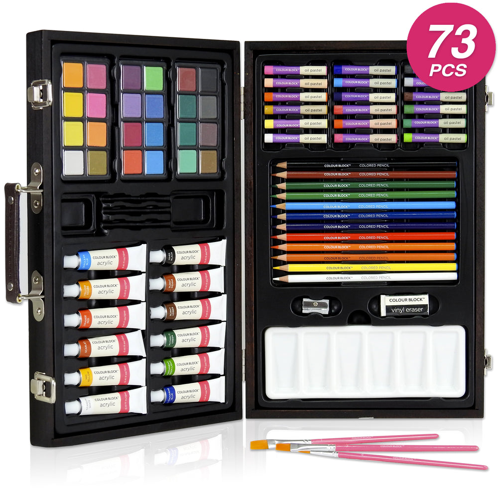 COLOUR BLOCK 231pc Art Set Bundle | PU Leather Art Supply Case, Acrylic,  Watercolor, Colored Pencils, Soft Pastels, Calligraphy Pens for Painting