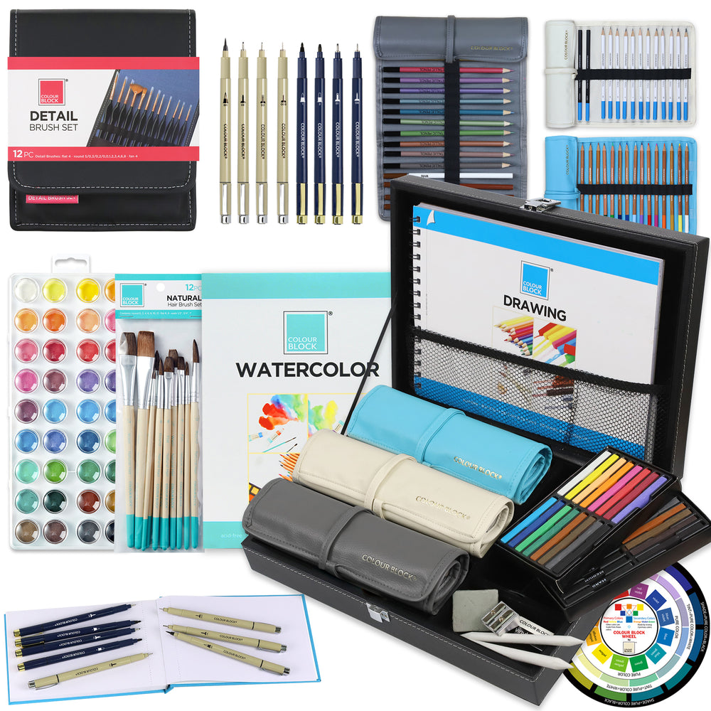 COLOUR BLOCK 181 pc Mixed Media Art Set in Durable PU leather Case - Soft &  Oil Pastels, Acrylic & Watercolor Paints, Sketching, Charcoal & Colored