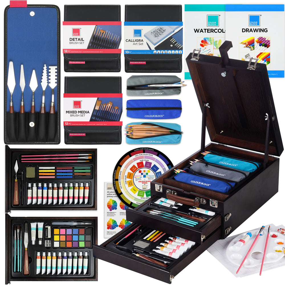 COLOUR BLOCK 181 pc Mixed Media Art Set in Durable PU leather Case - Soft &  Oil Pastels, Acrylic & Watercolor Paints, Sketching, Charcoal & Colored