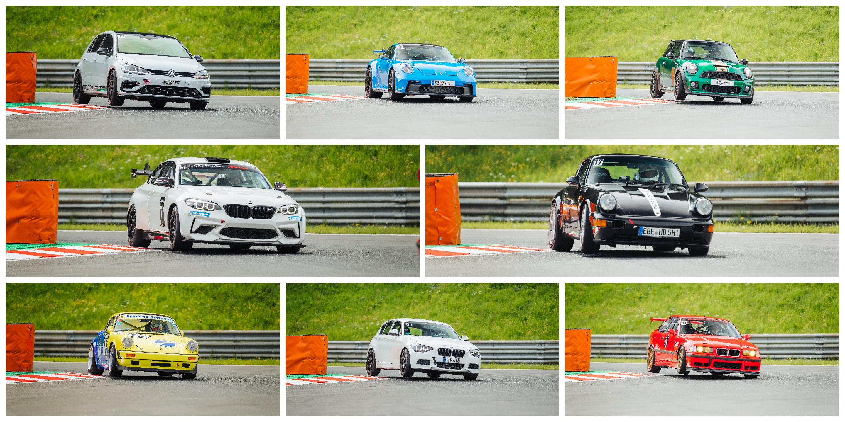 Several cars jumping the kerbs in the first chicane at Salzburgring during a GP Days Open Pitlane Track Day